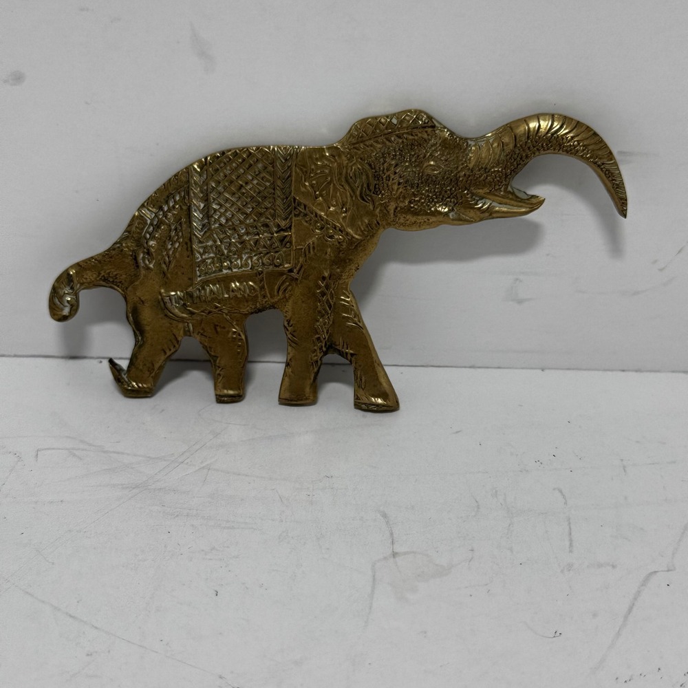 Vintage Brass Elephant Bottle Opener Etched Thailand Good Luck Trunk Up